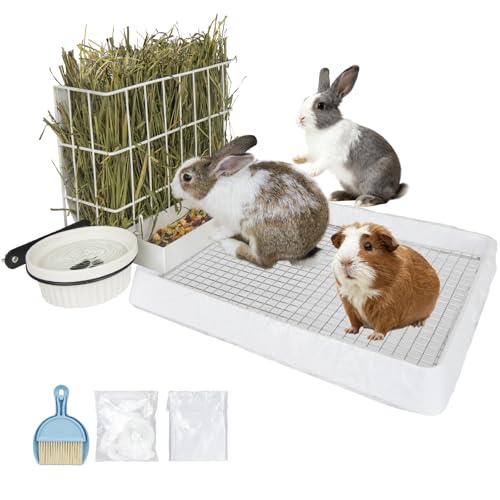 BESNEW 3 in 1 Rabbit Hay Feeder with Litter Box,Upgraded Metal Hay Rack & Litter Tray & Water Bowl,Quick Cleaning,Easy to Install,Bunny Supplies for Rabbit Guinea Pig Chinchilla Small Animals - color: White, size: 10in set