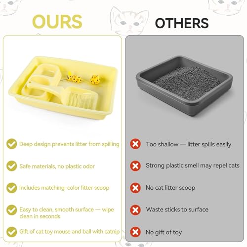 Pawise Newborn Kitty Litter Box Set, 5-Piece Cat Starter Kit – Includes Low-Entry Litter Pan, Scooper, Feeding Bowls & Mouse Toy, Ideal for New Kittens, 14.5 x 10.5 Inches, Yellow - color: yellow