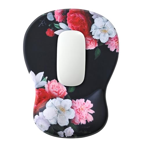 EooCoo Mouse Pad with Gel Wrist Rest, Ergonomic Mousepad Wrist Alignment | Middle Concave Design for Natural Wrist Alignment, Non-Slip Base Mousepad, Carpal Tunnel Relief, Office Desk Accessories - color: Black Flower