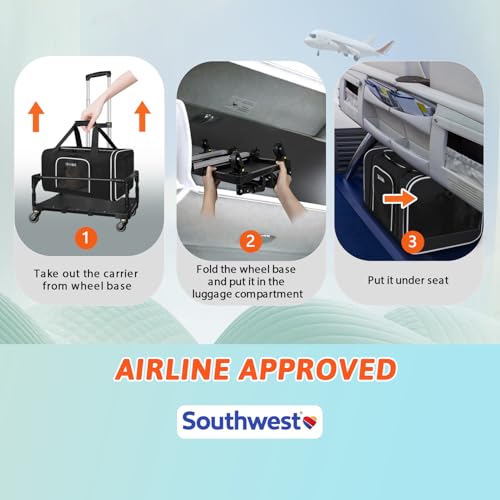 Small Pet Carrier 18"x13"x9.5" with Wheels Airline Approved, Black | for Southwest Airlines, Lockable Safety Zippers and Anti-Scratch Mesh, Pets Under 10 lbs - color: Black and Wheeled, size: 18.0"L x 13.0"W x 9.5"H