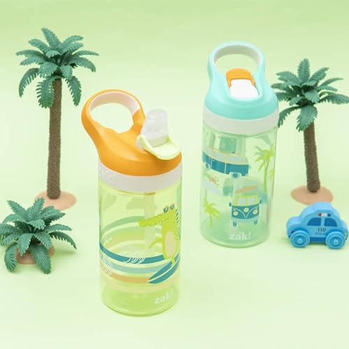Zak Designs Atlantic Kids Water Bottle For School or Travel, 16oz Durable Plastic Water Bottle With Straw, Handle, and Leak-Proof, Pop-Up Spout Cover, 2-Pack (Surf Boards and Palm Trees) - color: Surf Boards and Palm Trees