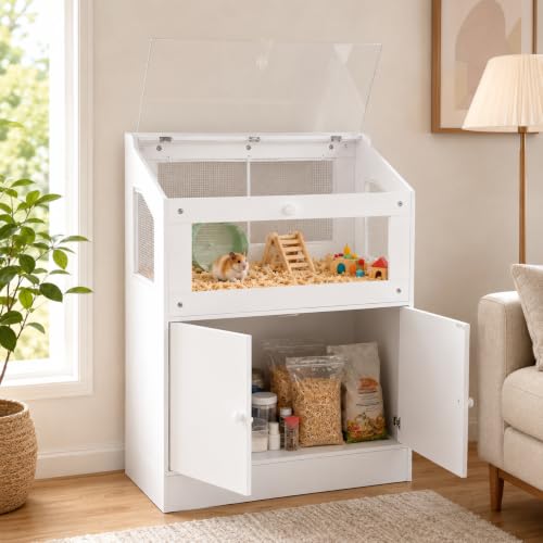 Hamster Cage, Hamster Encloure, Chew-Proof Enclosure | Acrylic Viewing Window, with Storage Cabinet, Furniture-style, Chew-Proof, with Ventilated Top for Guinea Pigs, Rats, Gerbils