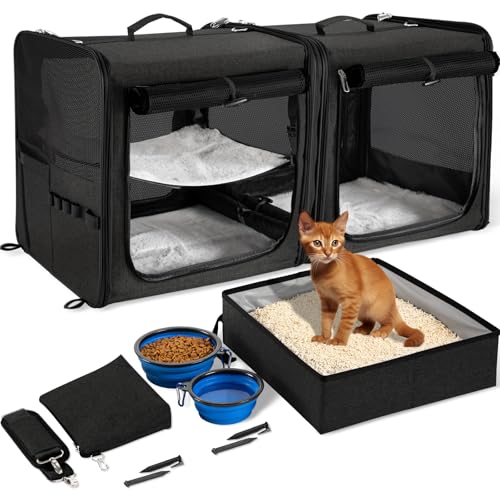 Extra Large Cat Carrier for 2 Cats with Travel Litter Box, 2-in-1 Foldable Soft Pet Car Travel Carrier with Zipper Locks for Multiple Cats Small Dogs Up to 45 Lbs, Black - color: Black