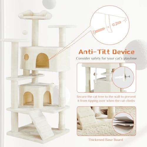 Sweetcrispy 54-Inch Cat Tree Tower – Multi-Level with Sisal Scratching Post, Perfect Pet Gift, Indoor Condo with Climbing Ladder, Plush Toy, and More Animal Stuff, Beige | Multi-Level with Indoor Cat Condo with Climbing Ladder, Plush Toy, Play House for P