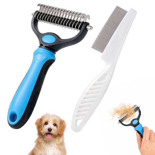 Professional Pet Grooming Tool, Dual Teeth Undercoat Rake & Dematting Comb Deshedding Grooming Comb Rake for Long & Short Hair Dogs