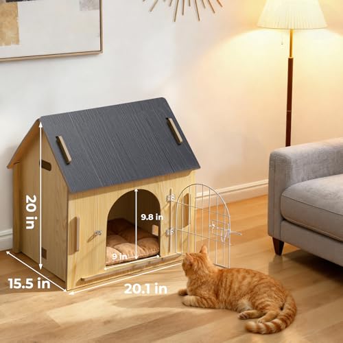 Indoor Dog House, Cozy Wooden Design with Ventilation and Raised Base, Small Bed House with Door Lock Suitable for Small Dogs or Cats, Gray, 20"x 15.75"x 20.5"
