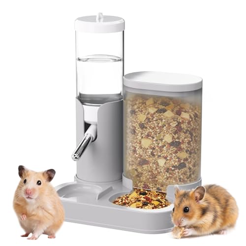 2 in 1 Hamster Water Bottle, Automatic Feeder, No Drip Small Animal Water Dispenser Food Bowl for Syrian Dwarf Hamsters, Gerbils, Mouse, Hedgehog, Hamster Cage Accessories (Gray) - color: Gray