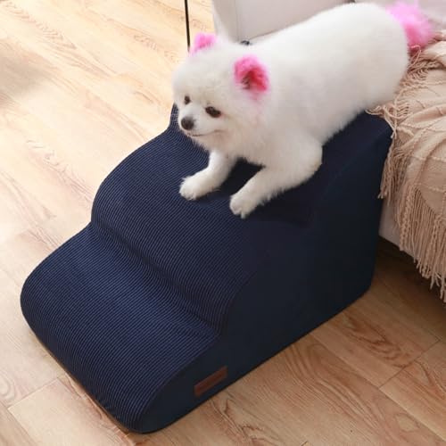 Dog Stairs and Steps for Beds Or Couches, 3-Step Pet Stairs & Steps for Small Dogs and Cats, Soft and Non-Slip Dog Ramp for Older Dogs,Pet with Joint Pain,Easy to Walk | 15.7" H Non-Slip Sturdy Dog Steps with Curved Ramp for Senior,Short-Legged Dogs,Puppy