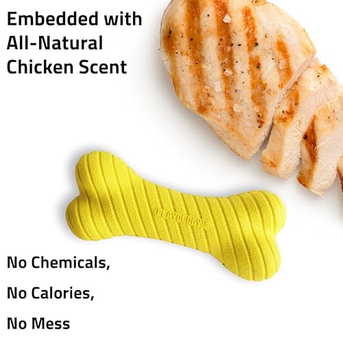 Playology Dual Layer Bone Dog Chew Toy - Jumbo, Chicken Scent | Rubber Construction, all natural scent, Heavy Duty Design, Encapsiscent Scent Technology, 50 lbs Plus Breeds, Yellow - size: Jumbo, style: Chicken