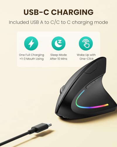 POJTK Wireless Rechargeable Ergonomic Mouse, Bluetooth+USB A+Type C(3 in 1) Connection, Up to 4800 DPI, 6 Silent Buttons, 2.4GHz Carpal Tunnel Vertical Mice, for Desktop,Laptop,MacBook-Black-Upgraded