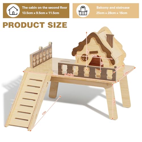 Wooden Hamster Platform and Dwarf Hamster House,Cute Syrian Hamster Tiny House Hideout,Large Balcony Lookout Holes,for Dwarf Gerbils and Mouse Mice Rat Other Small Animals(E) - color: BrownF