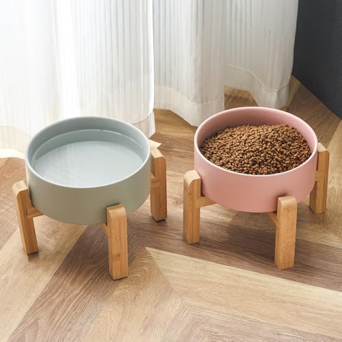 6'' Ceramic Raised Dog Bowl - 30Oz Dog Food & Water Bowl with Elevated Non-Slip Bamboo Stand, Dishwasher & Microwave Safe, Anti Vomiting Heavy Duty Pet Bowl for Small and Medium Dogs, Pink - color: 1 x Bowl + Stand - Pink, size: 6 inch