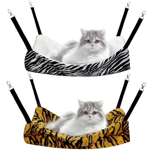 Jetec 2 Pack Cat Hammock for Cage, Catio Accessories Reversible Soft Cats Bed with Adjustable Straps and Hooks Double-Sided Linen and Fleece Hanging Hammock for Cats, Kitten(Zebra, Tiger Stripes,M) - size: M