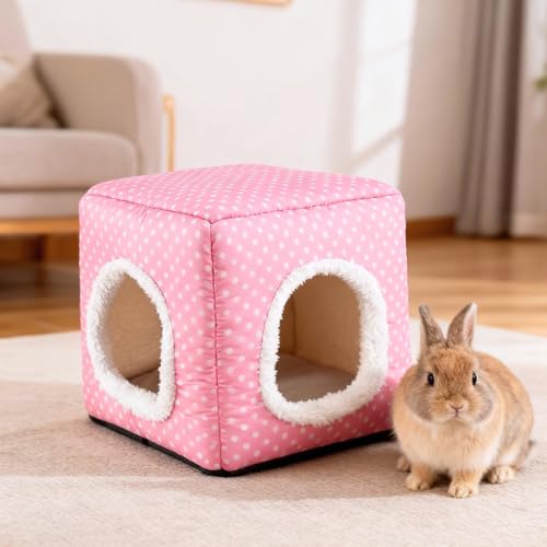 Guinea Pig Hideout with 2 Removable Mat, Two Entrances, Dwarf Rabbit Bed, Washable Bunny House, Small Pet Accessories Pink Dot - color: Pink