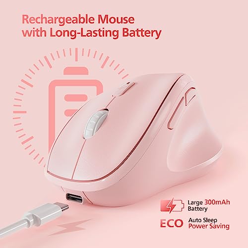 Micropack Wireless Bluetooth Mouse Ergonomic Vertical for Laptop MacBook PC Tablet Rechargeable Silent Click Multi-Device 3-Mode 2.4G Adjustable DPI Compatible with Windows Android iOS MacOS Pink - color: Pink, size: Rechargeable 3-Mode