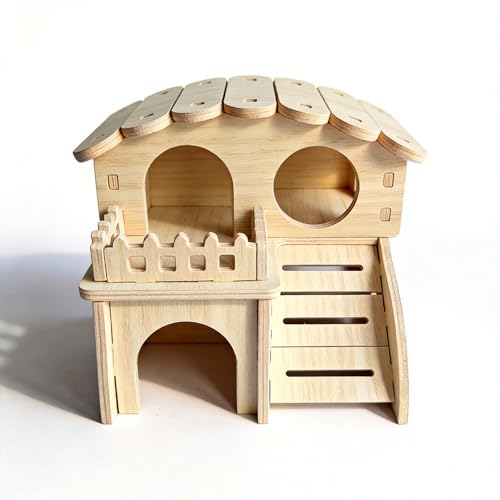 Multi-Chamber Wooden Hamster Hideout, House and Cage Accessory, Model 2 | Natural wood retreat for dwarf hamsters, gerbils and mice, with multiple chambers, openings and ventilation holes.