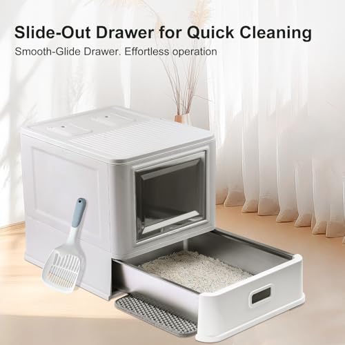 Marchul Enclosed Stainless Steel Cat Litter Box with Lid & Drawer Design for Indoor All Lifestyles Cats, Metal Covered Cat Litter Box, Baffles for Anti-Leakag, with Litter Scoop & Litter Mat