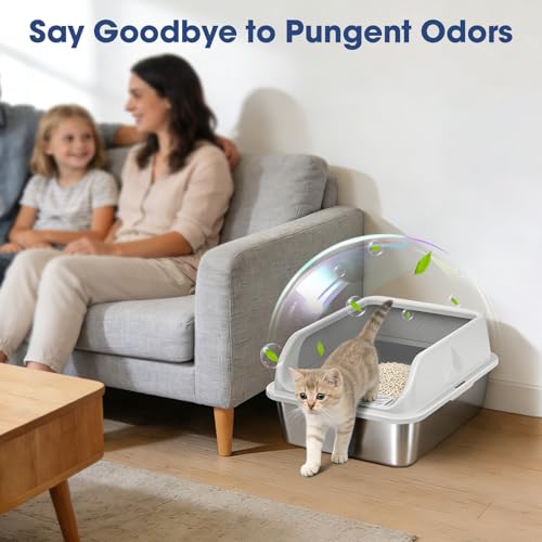 Stainless Steel Litter Box with Lid, Kitten Metal Cat Litter Boxes High Sided Enclosed for Small Cat and Injured Cats Rabbit, Anti-Urine Leakage | Non-Stick Bottom & Includes Scoop - color: 1PACK-(Small)Silver Gray, size: Small