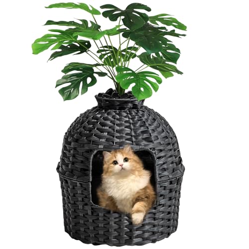 SETVSON Cat Litter Box Plant Furniture Enclosure, PE Rattan House, Black | Decorative Planter Design, Easy Clean, Artificial Plants & Real Stones Included, Private Inner Litter Box, 20" x 20" Compact - color: Black
