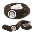 Dogpals Cat Tunnel Bed Cave 33" Lx10 Wx10 H for Indoor Cats (Coffee) | Washable Cozy Cushion, Soft Striped Plush Fabric, Hideaway Peekaboo Cave for Kittens, Puppies, Rabbits & Small Pets - color: Coffee
