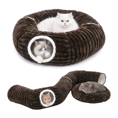 Dogpals Cat Tunnel Bed Cave 33" Lx10 Wx10 H for Indoor Cats (Coffee) | Washable Cozy Cushion, Soft Striped Plush Fabric, Hideaway Peekaboo Cave for Kittens, Puppies, Rabbits & Small Pets - color: Coffee