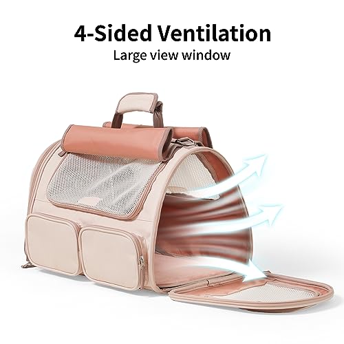FUKUMARU Cat Carrier, Airline Approved Dog Carrier with Rollable Cover | Breathable Soft Cat Carrier, Multiple Doors & 4 Storage Pockets Cat Travel Bag, Durable Pet Carrier for Cat Under 15 lb, Pink - color: Pink