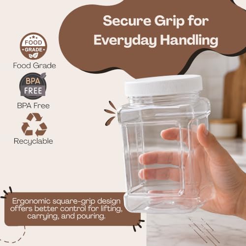 Clear Food Grade PET Plastic Square Grip Storage Jar w/Cap | 64 Fluid Ounces 7-8 Cup Storage Capacity | BPA Free USA Made | by Pride Of India - size: X-Large Square Grip Jar & Cap