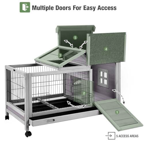 Wooden Rabbit Hutch Indoor and Outdoor, Rabbit Cage with Removable Wire Netting and Leak Proof Tray, Mobile Bunny Cage with Wheels (Grey) - color: Grey