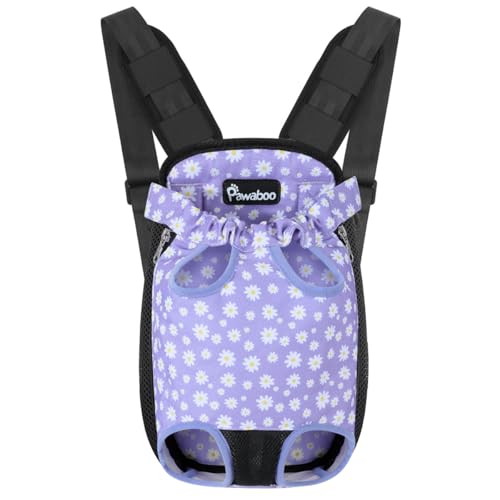 Pawaboo Pet Front Carrier Backpack for Small Medium Dogs | Legs Out Easy-fit,Adjustable Straps,Hands-Free,Soft Padded Support for Travel Hiking Cycling Camping,Black Purple Daisy,M - color: Black & Purple, style: Medium (Pack of 1)