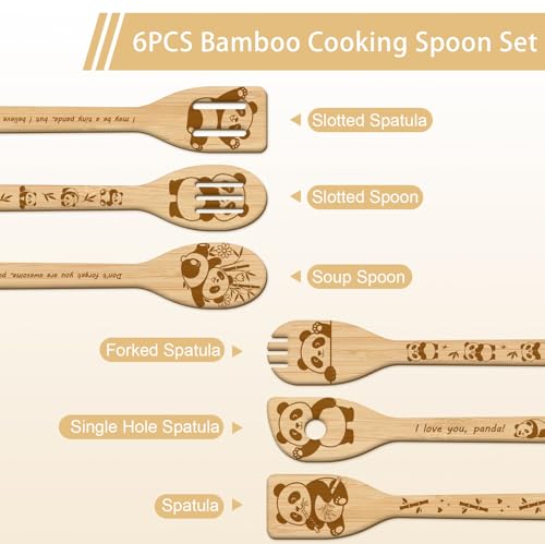 GLOBLELAND 6 Pcs Pandas Wooden Spoons Utensil Set Cute Panda Bamboo Carving Kitchen Cooking Utensils Wooden Engraved Cooking Spatula Sets for Kitchen Fun House Warming Gift - color: Panda