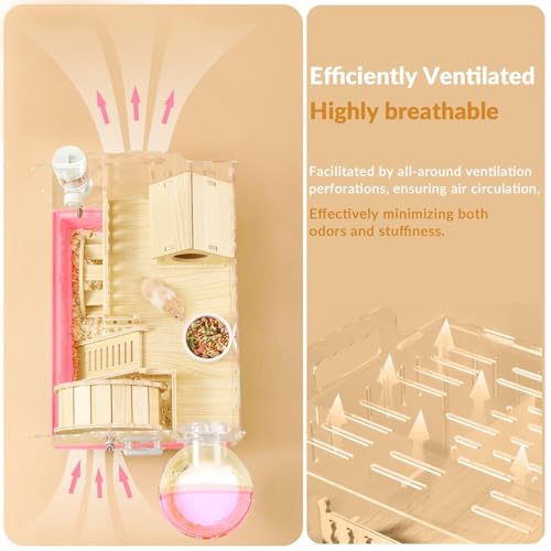 Cycodo 8 in 1 Acrylic Hamster Cage,2-Tier Dwarf Hamster Cage with Wooden Wheel & Hideout,Small Hamster Habitat with Accessories,Clear Pet Mice House(Pink,14" L*10" W*11" H) - color: Pink