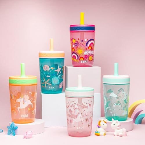 Zak Designs Kelso Toddler Cups For Travel or At Home, 15oz 2-Pack Durable Plastic Sippy Cups With Leak-Proof Design is Perfect For Kids (Fanciful Unicorn, Happy Skies) | BPA Free, Plastic, Sippy Cups, Cup Holder Friendly, Dishwasher Safe, Easy to Clean, F