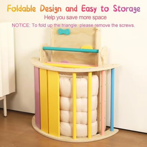 Pikler Triangle Set with Cushion, 7 in 1 Toddler Climbing Toys Indoor | Foldable Space-saving Design, Montessori-inspired Learning, Reversible Slide & Ramp, ASTM F963 Standards for Toddlers 18M-5Y - color: Rainbow