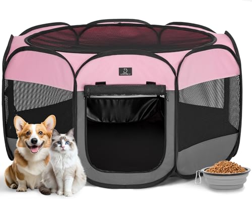 A 4 Pet 40.55-in Dog Playpen, Small Dogs & Puppies, Pink+Grey | Includes bowl, waterproof floor, pop-up design, home/travel/outdoor use - color: Pink+Grey, size: M(40.55"x40.55"x20.5")