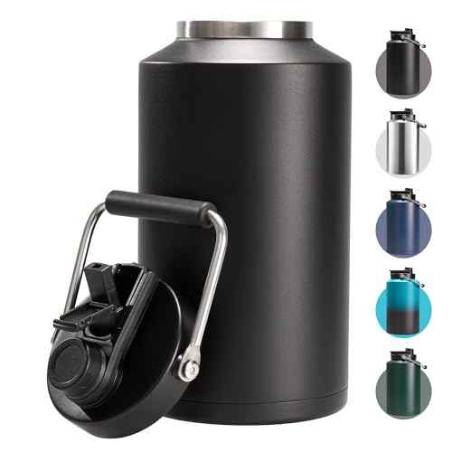 Fijinhom One Gallon Insulated Water Bottle for Travel: 2-in-1 Straw and Spout Lid, Keep Cold 24Hrs, Leakproof, 128oz Water Jug With Handle, Vacuum Stainless Steel for Sports, Hiking, Trip (Black) - color: Black, size: 128 Ounces