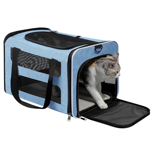 Cat Carrier Soft-Sided Travel Bag for Medium to Large Cat Over 15lbs | Small Puppy Dog Carry Crate 12 Pounds, Top Entry, Breathable Mesh, Pet Kitten Rabbit Cage Bag Transport Kennel Collapsible - color: Blue