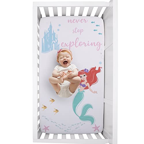 Disney Ariel Watercolor Wishes Aqua, Pink and White Never Stop Exploring 100% Cotton Photo Op Fitted Crib Sheet - color: Ariel Watercolor