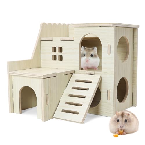 Hamster Hideout Tiny Maze Wood House with Slide (Pygmy Rats Only) | Hamster House and Habitat Wooden Hide Hut for Dwarf Gerbils Mouse Mice and Other Small Animals