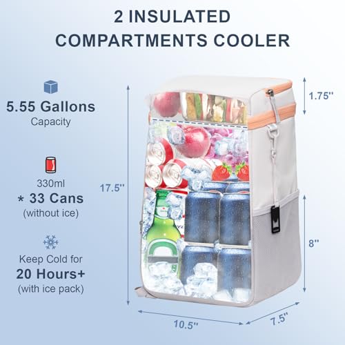 SPARTER Backpack Cooler Insulated Leak Proof 33/49 Cans, 2 Insulated Compartments Thermal Bag, Portable Lightweight Beach Travel Camping Lunch Backpack for Men and Women - color: Cloudy Gray, size: 33 Can