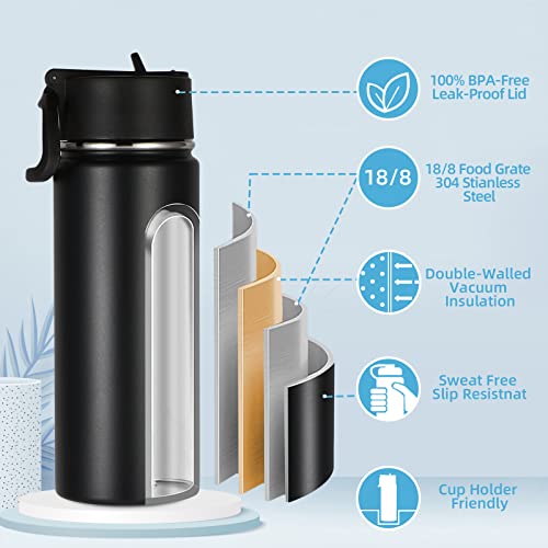 Volhoply 18oz Kids Insulated Water Bottle,Stainless Steel Water Bottles with Straw Lid,Double Wall Vacuum Reusable Metal Water Bottle,Wide Mouth Sports Water Flask For Cold Drink(Black,1 Set) - color: Black