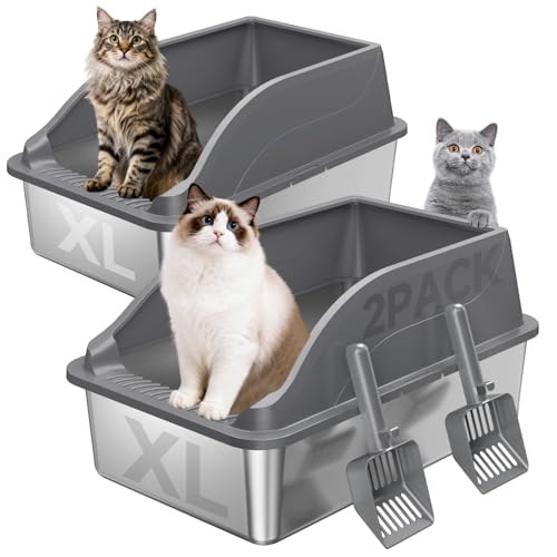2PACK Stainless Steel Litter Boxes, Extra Large XL Odor Free Metal Litter Box with High Sides, Open Top Litter Pan Include Scoop Easy Cleaning Anti-Scratch Kitty Cat Box Anti-Urine Leakage, Non-Sticky - color: Dark Grey