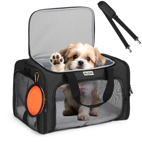 Pet Carrier for Cats & Small Dogs, Travel Carrier with Anti-Collapse Support, Chew Resistant Buckles, Luggage Sleeve, Multi-Pocket Storage, Reversible Mat & Bowl (Black, Medium (17.5"x11"x11.5")) - color: Black