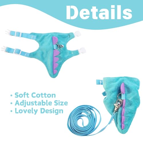 Ferret Harness and Leash Set Cute Dinosaur Design Soft Mesh Small Pet Harness Vest with Safe Bell Walking Clothes for Small Animals Ferret Rabbit Guinea Pig Squirrels (Blue) - color: Blue