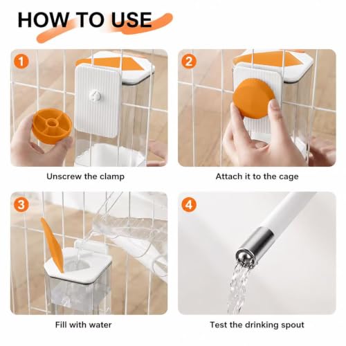 47oz Dog Crate Water Bottle, No-Drip Top-Fill Cage Mount | 12mm stainless steel nozzle, removable bracket; water dispenser for rabbits, guinea pigs, chinchillas and small pets - color: white and orange