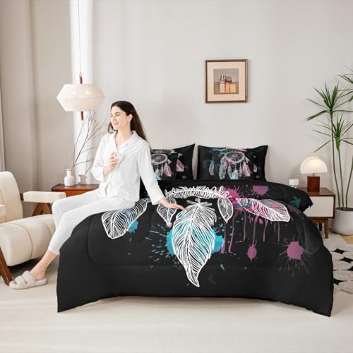 Erosebridal Dream Catcher 7 Piece Bedding Set Full Bohemian Mandala Comforter Set with Sheets Feathers Exotic Indian Style Bed in A Bag Kids Boys Girls Teens Bed Sets - color: Black, size: Full
