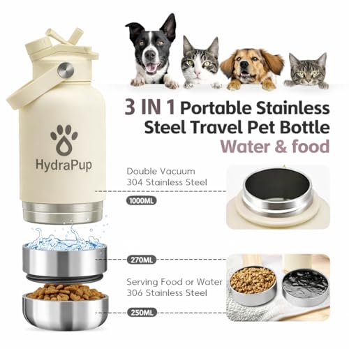 32oz Insulated Water Bottle with Dog Bowls – Human & Pet Shared Use, Stainless Steel Leakproof Travel Bottle (Cream White) - color: Cream White