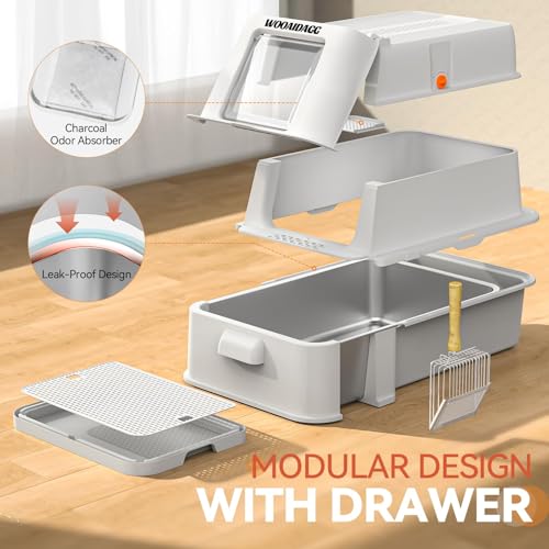 Wooaidagg Enclosed Stainless Steel Cat Litter Box with Odor Control, Modular Design with Drawer and Flip Door, Easy to Clean and Wash,Non-Stick Interior,Extra Large Size Fits All Cats(Light Grey) - color: Light Grey