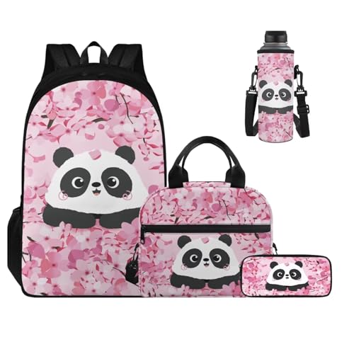 Cherry Floral Panda Bookbag for Girls Kids Backpack and Lunch Box Set Water Bottle Bag and Novelty Pencil Box 4 in 1 Sets Boys 7th Grade School Bag with Compartment 17 inch Soft Back Packs - color: Cherry Floral Panda
