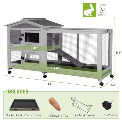 Gutinneen Large Indoor Rabbit Hutch Bunny Cage with Chew-Proof Ramp, Locking Leak-Proof Trays - Outdoor 62" Wooden Rabbit Cage with 6 Wheels for Rabbits, Guinea Pigs, Small Animals (Grey) - size: 62.0"L x 22.6"W x 33.5"H