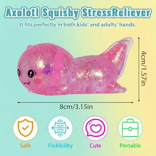 3.94 in Pink Glitter Crawling Axolotl Squishy Slow Rising | Soft TPR, Floating Glitter, squeeze toy, busy hands, stress relief, focus support, home, class, travel, kids and adults - color: Pink